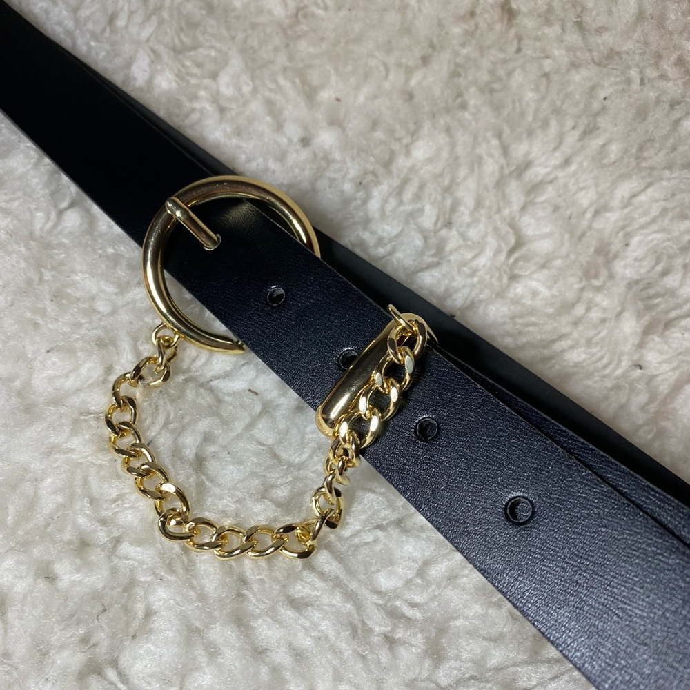 Target Brand Belt US Large, black synthetic leather with gold detailing & chain